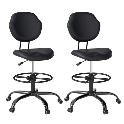 Image of Drafting Chair with Back Support, Tall /High Desk Rolling Stool, Faux Leather Office Chair with Height Adjustable for Standing Desk, Home Office, Bar, Workbench & Kitchen (Black, 2 Pack)