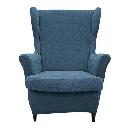 NILUOH Wingback Chair Covers 2 Piece Wing Chair Slipcover Stretch Slipcovers for Wingback Chairs Armchair Slipcovers with Elastic Bottom for Living Room, Spandex Jacquard Fabric,Blue-2