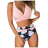 Bikini de cintura alta para mujer, traje de baño de dos piezas, bikini retro de dos piezas con estampado fruncido, cintura alta 2026, Rosa., XXL