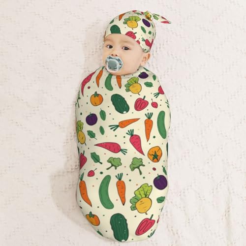 Image of Fruit with Vegetables Newborn Swaddle Blankets Hat Sets Soft Baby Receiving Blanket Swaddle Sack for Baby Shower Infant Boy Girl Gift