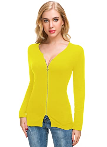 Image of Afibi Women V Neck Zip Front Long Sleeve Casual Top Blouse Shirt /Cardigan