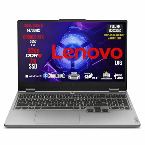 Loq Pc Gaming Portatile i7 14700HX, 32 GB RAM DDR5, GeForce RTX 5050 8GB, SSD 1TB, Notebook Gaming Display IPS 15,6" FHD 144Hz, Laptop Gaming Tastiera Retroilluminata, Wi-Fi 6, Thunderbolt