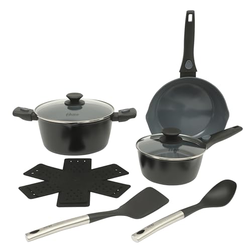 Oster SmartHandle Advance 13-Piece Ceramic Nonstick Cookware Set – Matte Black Finish, Gray Interior, Induction Base, Detachable Handles, Oven & Dishwasher Safe, With Utensils & Pan Protectors