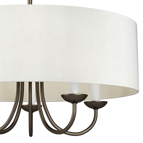 Image of Drum Shade Collection 5-Light White Textured Linen Shade Farmhouse Chandelier Light Antique Bronze