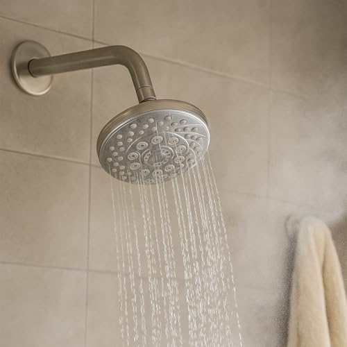 Image of Amazon Basics Shower Head for Bathroom | Round Multifunction 5-Spray Overhead Shower | Wall Mount Bathroom Shower with Pause Function, Chrome Finish, 3.9 Inches Wide Sprayface, CHROME finish