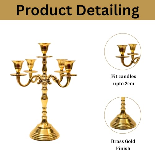 Image of Decorative Aluminum Vintage 5-Arm Brass Gold Candelabra Candle Holder - Elegant Metal Table Centerpiece for Home, Wedding, Party, Dining Room & Living Room Decor