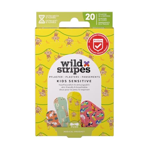 Wild Stripes - Tiritas Infantiles Jungle Vibe - Tiritas con estilo para niños aventureros - Protección de heridas segura, resistentes al agua y delicadas para piel sensible - 20 uds