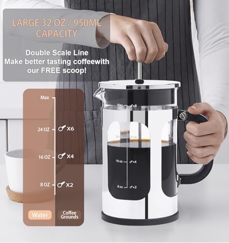 ADAMITA French Press Coffee Maker 8 cups 34 oz 304 Stainless Steel Coffee Press with 4 Filter Screens, Easy Clean Heat Resistant Borosilicate Glass - Free 100% BPA⦠(Silvery-BO90893-SS, 34 oz)