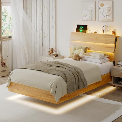 iPormis Floating Twin Metal Bed Frame with LED Lights & Charging Station Platform Bed with Wooden Storage Headboard Heavy Duty Slats Support No Box Spring Needed Easy Assembly Noise-Free Oak