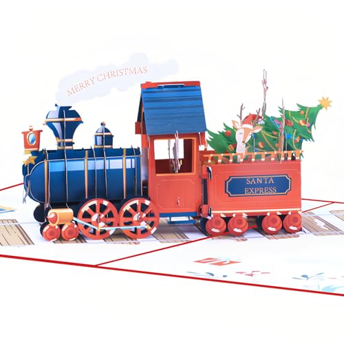Steelhill Pop Up Christmas Cards with Envelope,Merry Christmas Greeting Cards Bulk for Mom Wife Boyfriend,Funny 3D Holiday Greeting Cards for Kids School Classroom Xmas Gifts (Train christmas card)