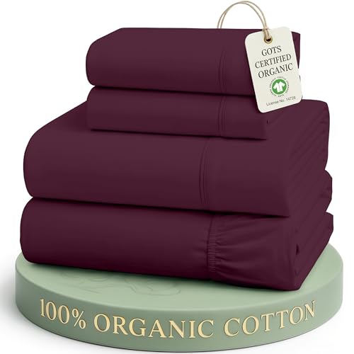 Image of LANE LINEN King Sheets Cooling 100% Organic Cotton GOTS Certified Percale Weave Deep Pocket 4 Piece Soft Breathable Cooling Lightweight All Season Machine Washable Crisp - Windsor Wine