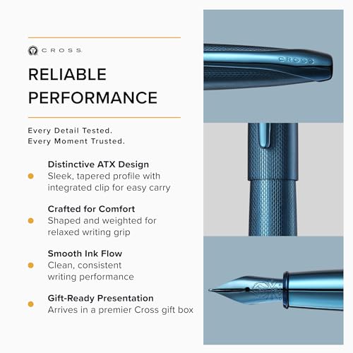 Image of Cross ATX Luxury Sandblasted Dark Blue PVD Fountain Pen with Polished Metal Trim - Medium Nib, Smooth Writing, Presented in Premium Gift Box