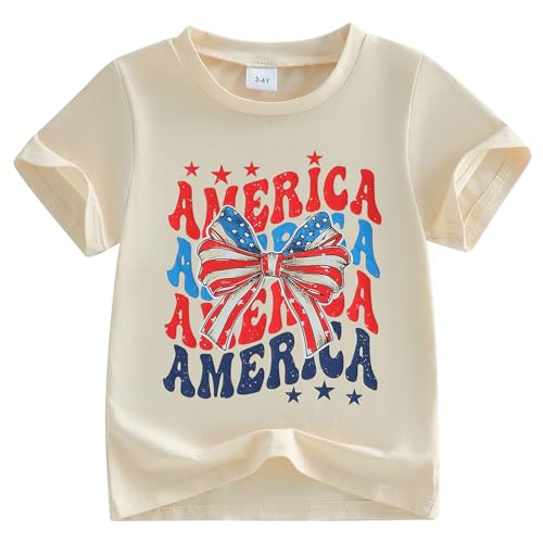 Image of Kids Toddler Girls 4th of July T-Shirt Short Sleeve Patriotic Coquette Bow American Flag Independence Day Top