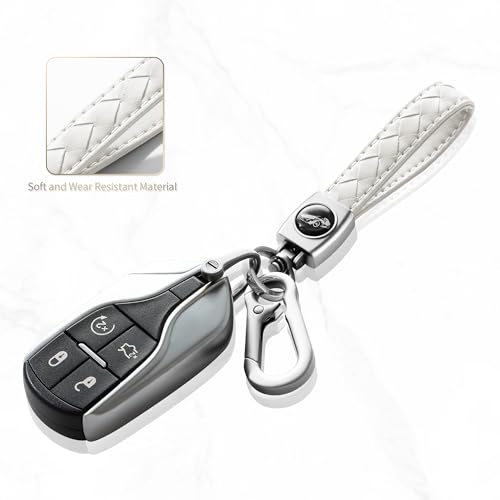 Image of Gkeygo Carabiner Keychain, Universal Heavy Duty Woven Handmade Leather Key Chain, Car Fob Key Keychains with 360 Degree Rotatable Snap Swivel and Anti-Lost D-Ring for Men and Women, Silver - White