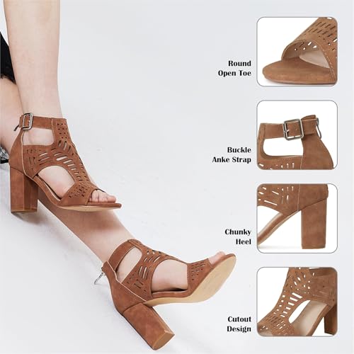 AOSPHIRAYLIAN Chunky Heeled Sandals for Womens Heels Bohemian Cutout Open Toe Summer Block Heeled Party Sandals by AOSPHIRAYLIAN - Used condition - Image 4