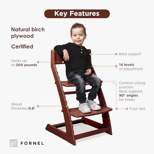 Image of FORNEL Adjustable High Chair in Dark Walnut Finish | The Forever Chair that Grows from Toddler to Adult | Premium Solid Wood Construction