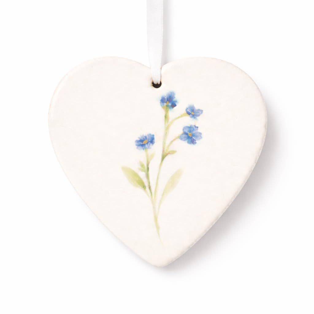 Personalised Forget Me Not Ceramic Heart Ornament – Real Pressed Flower Hanging Decoration – Memorial Keepsake Gift for Mum, Nan, Grandma