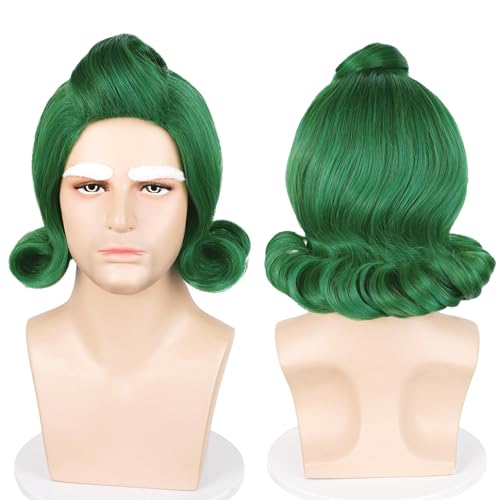 Probeauty Short Green Wig for Men Adults Green Wavy Wig with Eyebrow for Halloween Costume Cosplay Party