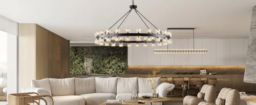 Image of 48 Inch Black Wagon Wheel Chandelier with Crystal Shade, Crystal Chandelier, Modern Farmhouse Style, Ideal for Dining Room, Kitchen, Entryways,48 Lights (Bulbs Included)