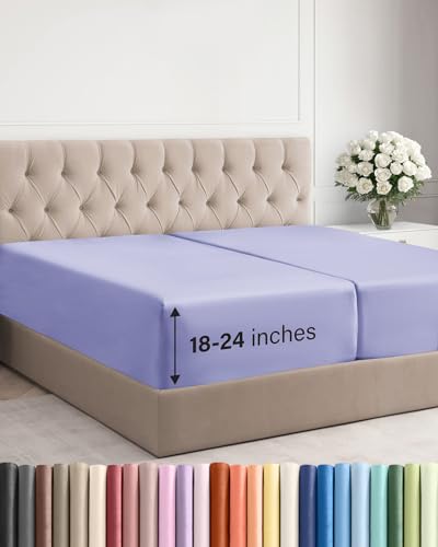 Image of Extra Deep Split King Fitted Sheet - Single Fitted Sheet Only - Lavender | Easily Fits 18 inch to 24 inch Mattress, Soft, Wrinkle Free, Breathable & Comfy, Extra Deep Pockets Hotel Luxury Fitted Sheet