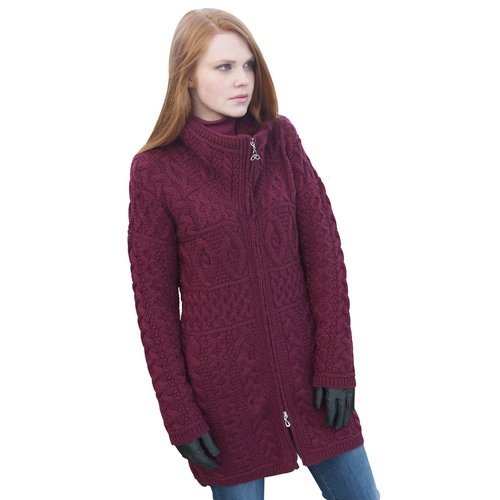 100% Irish Merino Wool Double Collar Aran Knit Coat, Wine, Medium #TOP5