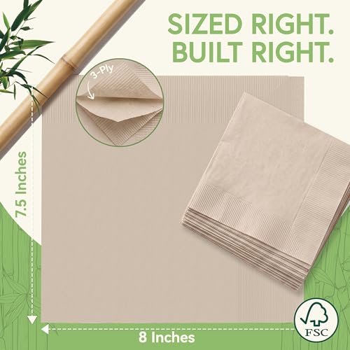 Image of Jenvita 100% Bamboo Compostable Napkins, 3 Ply, 250 Pack, 7.5 x 8 Inch | Heavy Duty, Eco Friendly, FSC Certified, Lunch, Dinner, Events, Entertaining, Paper Towels