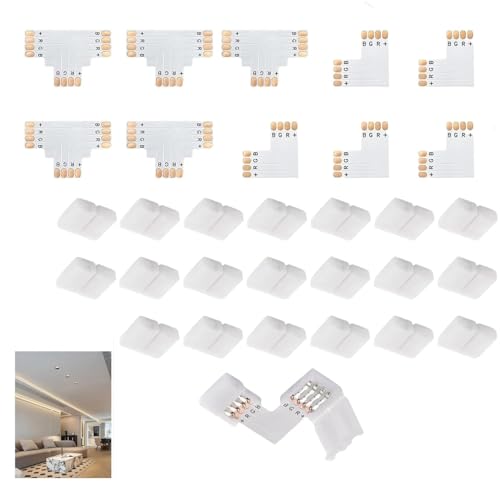 LED Streifen Eckverbinder Set, 4 Polig 10mm LED Strip Verbinder Nahtlose mit T-Form und L-Form Eckverbindern Lötfreier Adapter für 10mm Weite 5050 3528 RGB LED Streifen für DIY Beleuchtungsprojekte