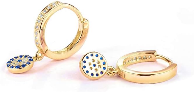 Vista 5 de Aretes de aro de moissanita de oro de 14 quilates para mujer, delicados aretes de gota de cristal azul con ojo de diablo, regalo de joyería