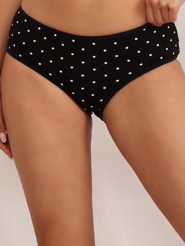 Image of Clovia Women's Cotton Mid Waist Polka Print Hipster Panty in Black