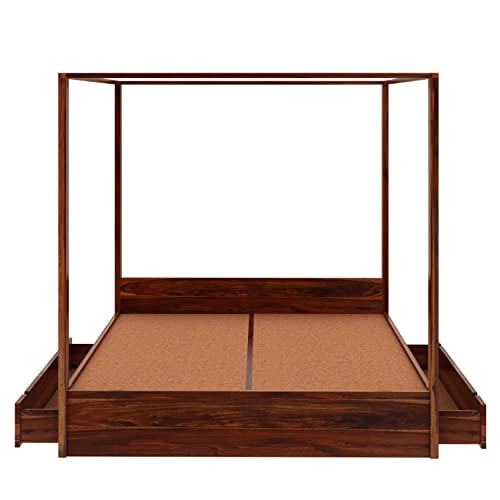 Image of Solid Sheesham Wood Queen Size Poster Bed 2 Drawer Storage for Bed Room Living Room Home Wooden Double Bed Palang Solid Wood Bedroom Furniture for Hotel (Honey Finish)