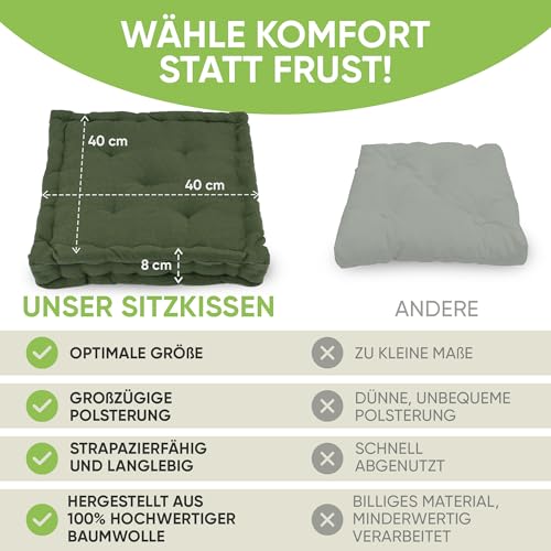 Gräfenstayn® 4er-Set Sitzkissen Stuhlkissen 40x40x8cm für Indoor und Outdoor aus 100% Baumwolle Dicke Polsterung Steppkissen/Bodenkissen (Khaki)