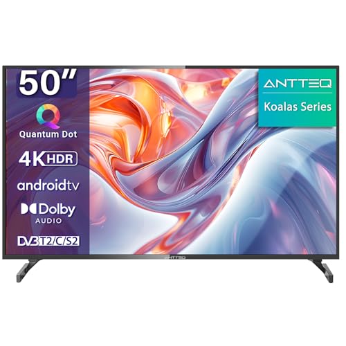 Antteq 4K UHD QLED Q50 Fernseher 50 Zoll Smart TV HDR10 Android TV mit Triple Tuner, App Store (10.000+ Apps), Bluetooth 5.0, Sprachassistent, WLAN 2.4 GHz/5 GHz，Prime Video, Netflix, Disney+