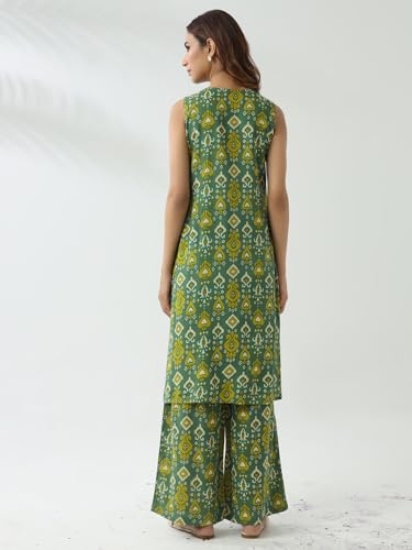 Image of FIORRA Women's Green Cotton Straight Kurta with Palazzo
