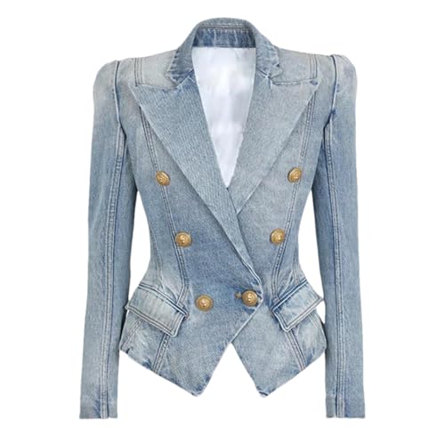 Women Notched Washed Denim Outwear Jackets Double Breasted Slim Short Casual Blazer2