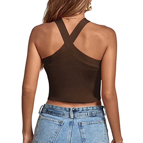 Womens Ribbed Halter Neck Tank Top Summer Sexy Navel Crop Tops Basic Solid Color Beach Cami Tops4