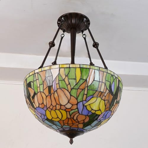 Plafonnier suspendu Tiffany 18" en vitrail artisanal et tulipes rétro