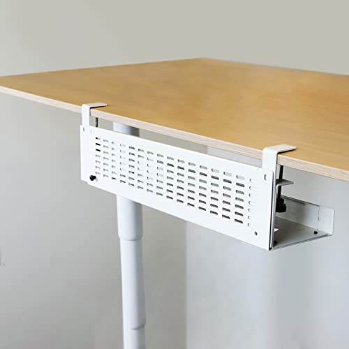 Aeons Under Desk Cable Management Tray Kit - Horizontal Adjustable Up Tp 41” Desk Organizer Removable C Clamp Mount Reversiable Computer Cord Raceway And Modesty Panel For Large Desk, White/Beige #TOP6
