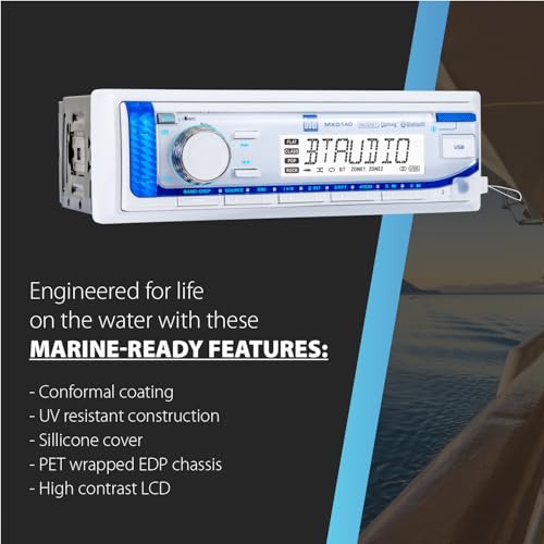 Image of Dual Electronics MXD140 Marine Stereo Bluetooth Single DIN Weatherproof AM /FM | Weatherproof receiver for boats, sunlight-readable LCD, USB port with 2.1A charging, AM /FM tuner, white single-DIN design
