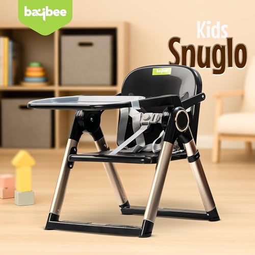 Image of Baybee Snuglo 2 in 1 Premium Baby Booster Chair with Removable Tray, 3-Point Safety Harness & Portable Foldable Design - Convertible Feeding Chair for Toddlers 6 Months to 3 Years (Black)
