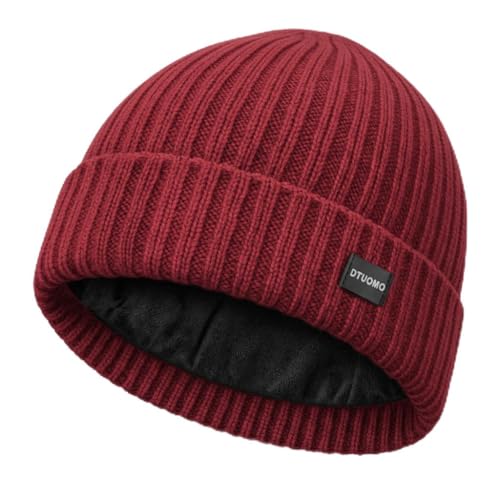 Dtuomo Winter Beanie Merino Wool Fleece Lined for Men Women Soft Warm Knit Hat Ski Stocking Cuffed Cap Red