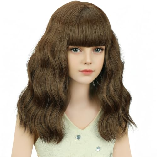 Image of Brown Wig Short Brown Wavy Curly Wigs Wig with Air Bangs Synthetic Cosplay Hair Wigs