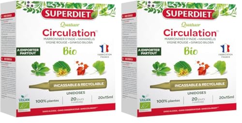 SUPERDIET-QUATUOR CIRCULATION BIO-Jambes légères-Marronnier d’inde,Hamamélis,Vigne rouge,Ginkgo biloba-Format nomade-20 Unidoses de 15 ml (Lot de 2)
