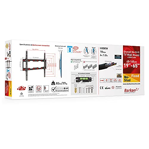 Barkan Tv Wall Mount, 19-65 Inch Fixed, Drywall No Stud No Drill Screen Bracket, Holds Up To 80Lbs, Auto Lock Patented, Fits Led Oled Lcd, Including 6 Ft 4K Hdmi Cable #TOP6