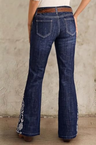 Women's Side Insert Embroidered Slim Fit Stretch Flare Jeans Mid Rise Denim Trousers(Belt Not Included)2