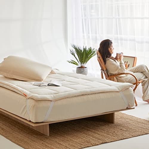 Wow Merino Wool Pillow Top Mattress Topper 3.5" for Back Pain Relief | Extra Thick Mattress Pad | 100% Organic Cotton 400 TC Cover | Non-Toxic Natural Cooling Quilted Fitted | Authentic Comfort