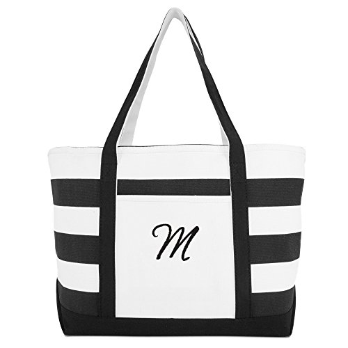 Dalix Striped Beach Bag Tote Bags Satchel Personalized Black Ballent Letter M #TOP1