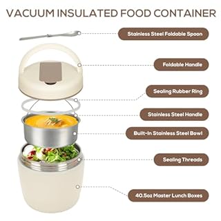 Cozary Thermos per Alimenti Caldi 1200 ml, Contenitore Termico per Alimenti Caldi in 304 Acciaio Inox, Lunch Box Termico con Cucchiaio Pieghevole per Zuppa, Pasta