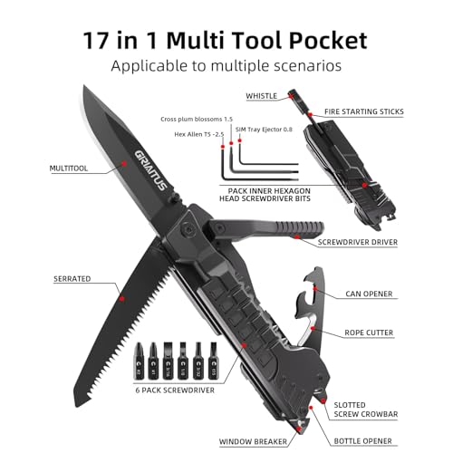 Miniatura 2 de Navaja Multiusos 17en1 Herramientas Multiusos Cuchillo con Palillos | Navaja Suiza para Encender Fuego, Abrelatas, Sierra, Silbato, Regalos para Hombres Mujer Papa