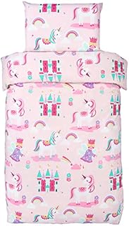 Bloomsbury Mill  Kids Cot Bed Duvet Cover and Pillow Case Set - Unicorn, Princess & Rainbow Reversible Toddler Bedding For Girls 120 x 150 cm