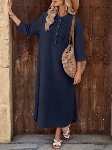 Image of Celmia Autumn Solid Loose Long Maxi Dress Cotton Caftan